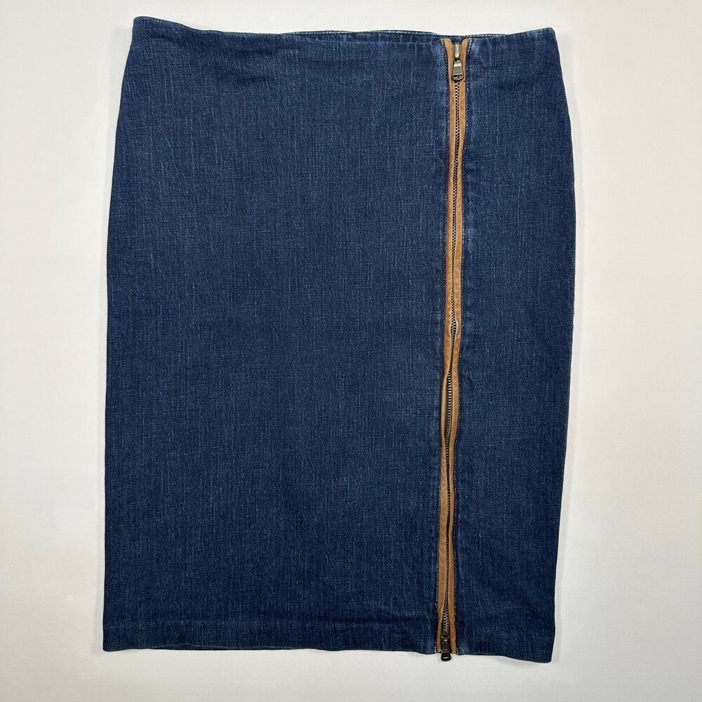 LAUREN Ralph Lauren Denim Midi Length Skirt with Leather Trim Zipper Slit Size 4